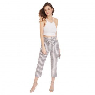 Women White and Grey Stripe Cigarette Trouser Women White and Grey Stripe Cigarette Trouser