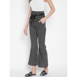 Women's black and white plaid print high waist bootcut trouser Women's black and white plaid print high waist bootcut trouser