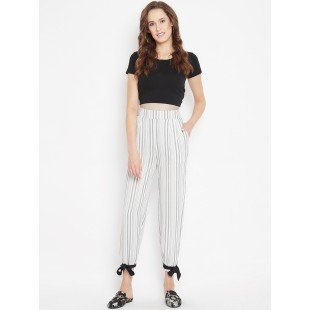 Women's ivory and grey stripes elasticed waist trouser Women's ivory and grey stripes elasticed waist trouser