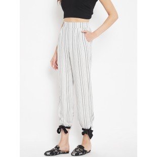 Women's ivory and grey stripes elasticed waist trouser Women's ivory and grey stripes elasticed waist trouser