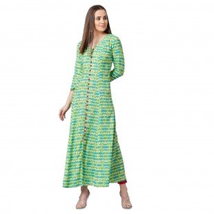 Women Green & Yellow Printed Anarkali Kurta Women Green & Yellow Printed Anarkali Kurta