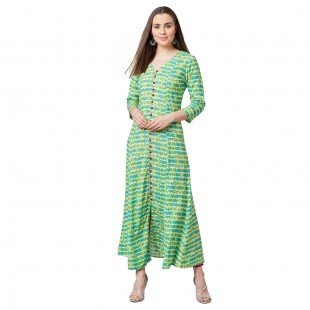 Women Green & Yellow Printed Anarkali Kurta Women Green & Yellow Printed Anarkali Kurta