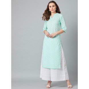Women Turquoise Blue Printed Straight Kurta Women Turquoise Blue Printed Straight Kurta