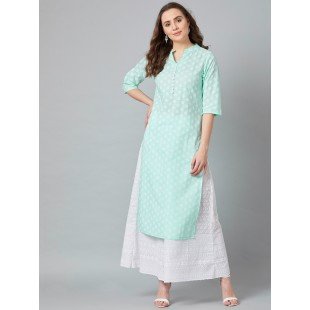 Women Turquoise Blue Printed Straight Kurta Women Turquoise Blue Printed Straight Kurta