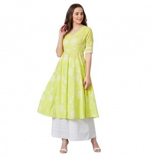 Women Lime Green & White Printed Anarkali Kurta Women Lime Green & White Printed Anarkali Kurta