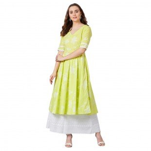 Women Lime Green & White Printed Anarkali Kurta Women Lime Green & White Printed Anarkali Kurta