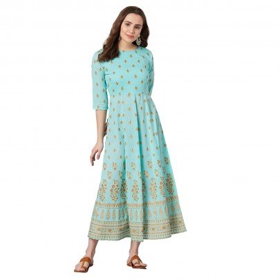 Women Turquoise Blue & Yellow Kalamkari Floral Print Maxi Dress