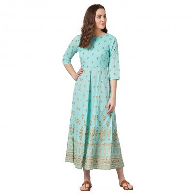 Women Turquoise Blue & Yellow Kalamkari Floral Print Maxi Dress