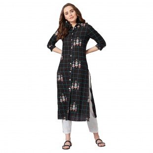 Women Black & Blue Tribal Print Straight Kurta Women Black & Blue Tribal Print Straight Kurta