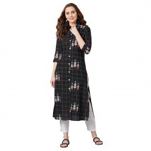Women Black & Blue Tribal Print Straight Kurta Women Black & Blue Tribal Print Straight Kurta