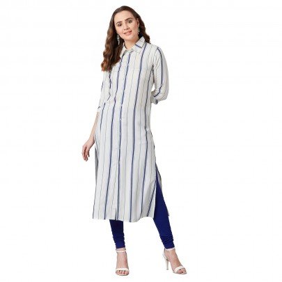Women White & Navy Blue Striped Shirt Collar Straight Kurta