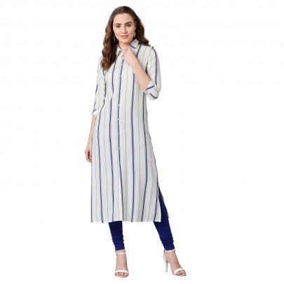 Women White & Navy Blue Striped Shirt Collar Straight Kurta