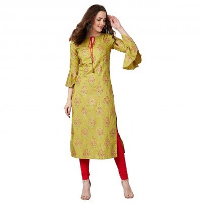 Women Mustard Yellow Printed A-Line Kurta