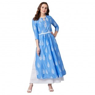 Women Blue & White Floral Print Anarkali Kurta Women Blue & White Floral Print Anarkali Kurta