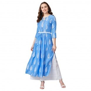 Women Blue & White Floral Print Anarkali Kurta Women Blue & White Floral Print Anarkali Kurta