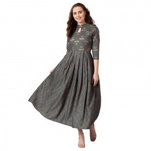 Women Charcoal Grey & Gold Block Floral Print Fit and Flare Dress Women Charcoal Grey & Gold Block Floral Print Fit and Flare Dress