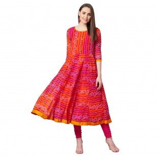 Women Red & Orange Printed Anarkali Kurta Women Red & Orange Printed Anarkali Kurta