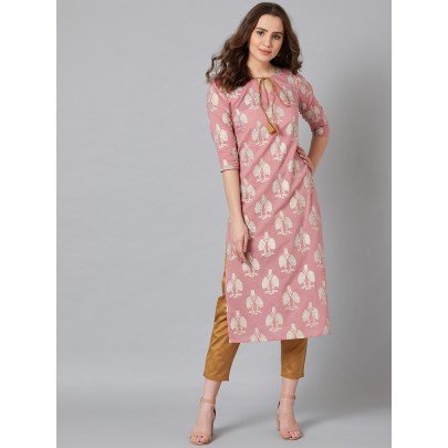 Women Pink & Mustard Yellow Floral Print Straight Kurta