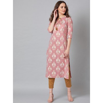 Women Pink & Mustard Yellow Floral Print Straight Kurta