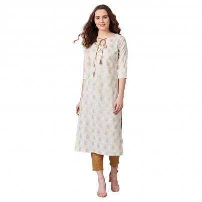 Women Off-White & Brown Ethnic Printed Straight Kurta