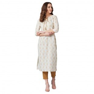 Women Off-White & Brown Ethnic Printed Straight Kurta Women Off-White & Brown Ethnic Printed Straight Kurta