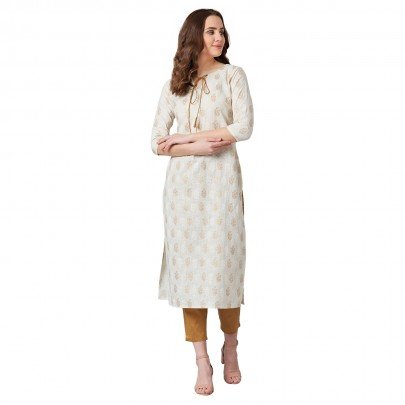 Women Off-White & Brown Ethnic Printed Straight Kurta