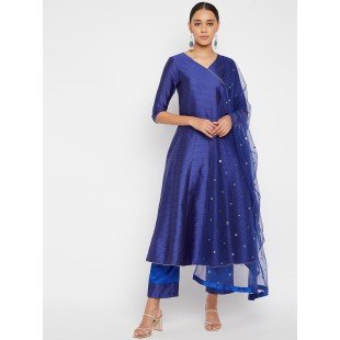 Women Blue with Gold Thread Angrakha Style Kurta Set with Dupatta Women Blue with Gold Thread Angrakha Style Kurta Set with Dupatta