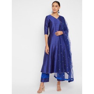 Women Blue with Gold Thread Angrakha Style Kurta Set with Dupatta Women Blue with Gold Thread Angrakha Style Kurta Set with Dupatta