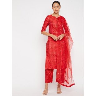 Women Red Sequin Straight Kurta Set with Dupatta Women Red Sequin Straight Kurta Set with Dupatta