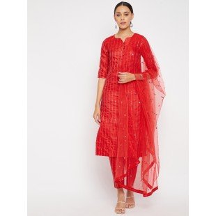 Women Red Sequin Straight Kurta Set with Dupatta Women Red Sequin Straight Kurta Set with Dupatta