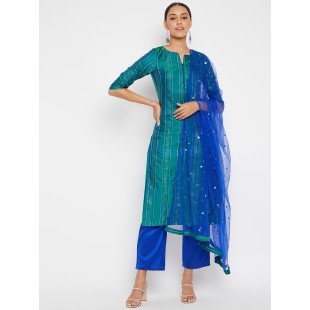 Women Green Blue Sequin Straight Kurta Set with Dupatta Women Green Blue Sequin Straight Kurta Set with Dupatta
