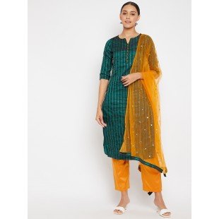 Women Green Mustard Sequin Straight Kurta Set with Dupatta Women Green Mustard Sequin Straight Kurta Set with Dupatta