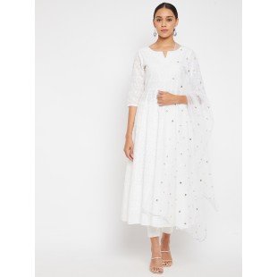Women White Anarkali with Trouser and Dupatta Women White Anarkali with Trouser and Dupatta