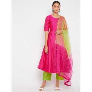 Women Magenta  Pleated Golden Thread Work Kurta Set With Trouser And Dupatta Women Magenta  Pleated Golden Thread Work Kurta Set With Trouser And Dupatta