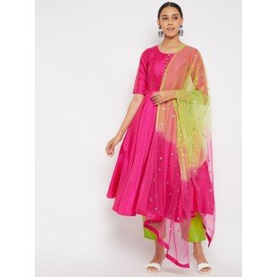 Women Magenta  Pleated Golden Thread Work Kurta Set With Trouser And Dupatta Women Magenta  Pleated Golden Thread Work Kurta Set With Trouser And Dupatta