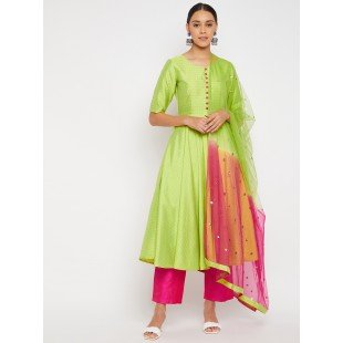 Women Neon Green Pleated Golden Thread Work Kurta Set With Trouser And Dupatta Women Neon Green Pleated Golden Thread Work Kurta Set With Trouser And Dupatta