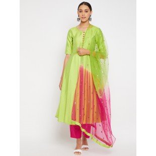 Women Neon Green Pleated Golden Thread Work Kurta Set With Trouser And Dupatta Women Neon Green Pleated Golden Thread Work Kurta Set With Trouser And Dupatta