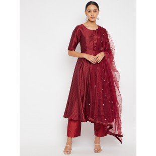 Women Maroon Pleated Golden Thread Work Kurta Set With Trouser And Dupatta Women Maroon Pleated Golden Thread Work Kurta Set With Trouser And Dupatta