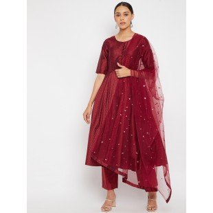 Women Maroon Pleated Golden Thread Work Kurta Set With Trouser And Dupatta Women Maroon Pleated Golden Thread Work Kurta Set With Trouser And Dupatta