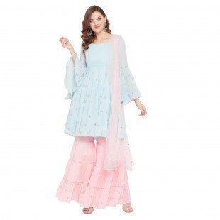 Embroidered baby blue kurta and baby pink sharara with matching embroidered dupatta Embroidered baby blue kurta and baby pink sharara with matching embroidered dupatta