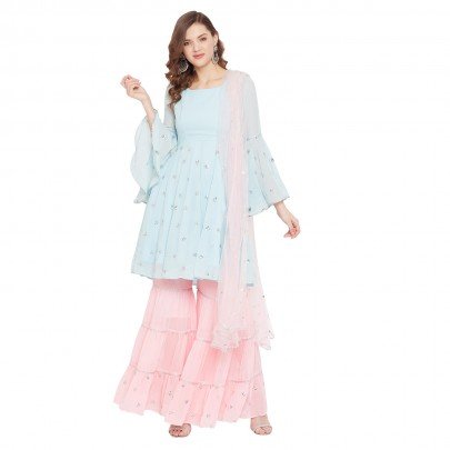 Embroidered baby blue kurta and baby pink sharara with matching embroidered dupatta
