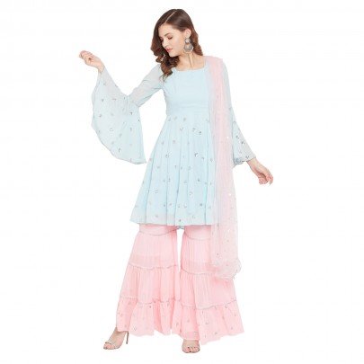 Embroidered baby blue kurta and baby pink sharara with matching embroidered dupatta