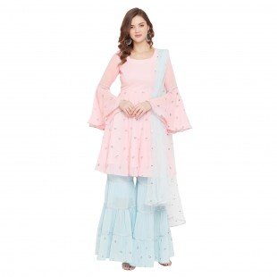 Embroidered baby pink kurta and baby blue sharara with matching embroidered dupatta Embroidered baby pink kurta and baby blue sharara with matching embroidered dupatta