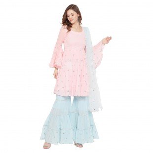 Embroidered baby pink kurta and baby blue sharara with matching embroidered dupatta Embroidered baby pink kurta and baby blue sharara with matching embroidered dupatta