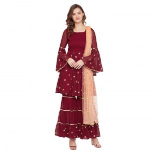 Maroon sharara set with peach dupatta, overall gota lace detailing Maroon sharara set with peach dupatta, overall gota lace detailing