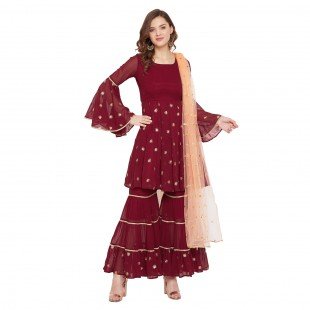 Maroon sharara set with peach dupatta, overall gota lace detailing Maroon sharara set with peach dupatta, overall gota lace detailing