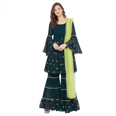 Dark green sharara set with green dupatta, overall gota lace detailing