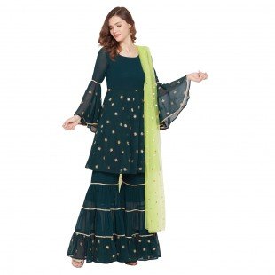 Dark green sharara set with green dupatta, overall gota lace detailing Dark green sharara set with green dupatta, overall gota lace detailing