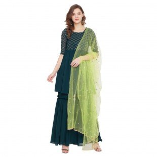 Dark green yoke and sleeve jaal embroidered sharara set with lime green dupatta Dark green yoke and sleeve jaal embroidered sharara set with lime green dupatta