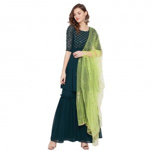 Dark green yoke and sleeve jaal embroidered sharara set with lime green dupatta Dark green yoke and sleeve jaal embroidered sharara set with lime green dupatta